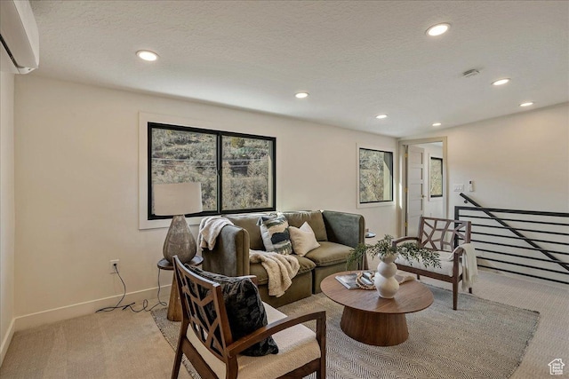 5290 E Emigration Canyon Rd, Salt Lake City, UT 84108 - living room featuring baseboards, an AC wall unit, a textured ceiling, recessed lighting, and light carpet
