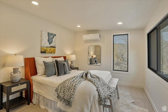 5290 E Emigration Canyon Rd, Salt Lake City, UT 84108 - bedroom featuring baseboards, an AC wall unit, multiple windows, recessed lighting, and light colored carpet