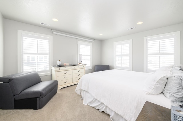 11531 S Bingham Rim Rd, South Jordan, UT 84009 - bedroom featuring light carpet, recessed lighting, and visible vents