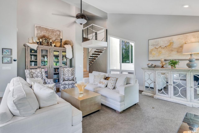 276 S 600 E, Alpine, UT 84004 - living room featuring baseboards, stairway, ceiling fan, high vaulted ceiling, and carpet