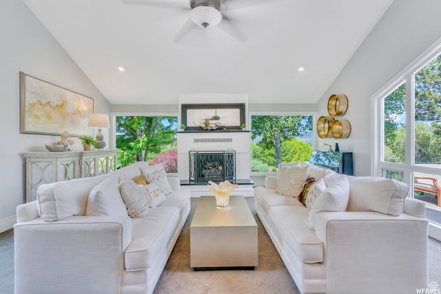 276 S 600 E, Alpine, UT 84004 - living room with recessed lighting, a large fireplace, vaulted ceiling, and a ceiling fan