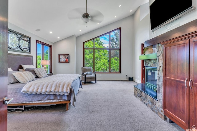 276 S 600 E, Alpine, UT 84004 - bedroom featuring a stone fireplace, baseboards, recessed lighting, carpet flooring, and ceiling fan