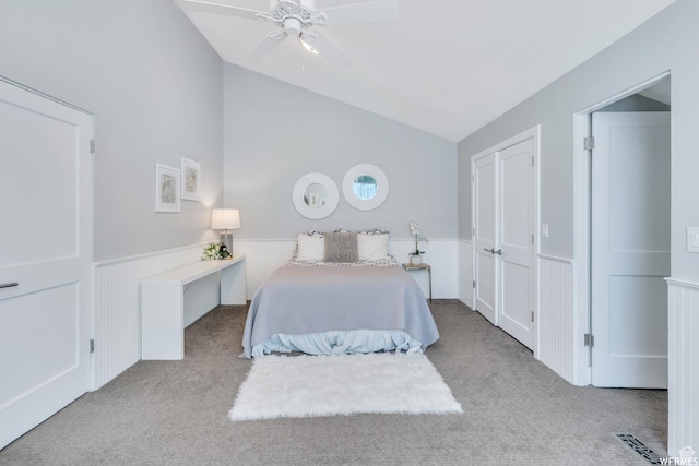 276 S 600 E, Alpine, UT 84004 - bedroom with carpet floors, ceiling fan, vaulted ceiling, and a wainscoted wall