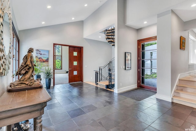 276 S 600 E, Alpine, UT 84004 - entrance foyer featuring high vaulted ceiling, recessed lighting, baseboards, and stairs