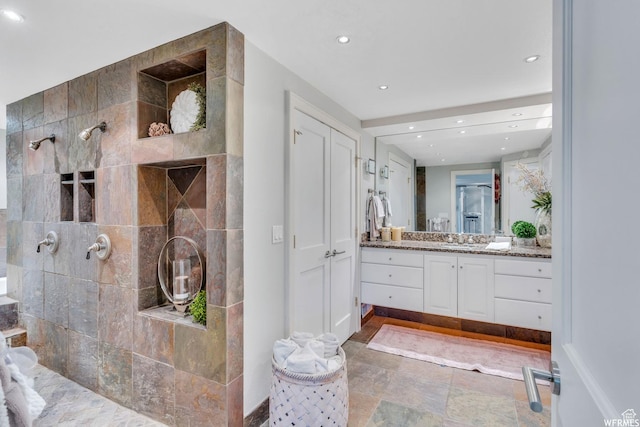 276 S 600 E, Alpine, UT 84004 - full bathroom with stone finish floor, vanity, recessed lighting, and walk in shower