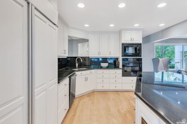 276 S 600 E, Alpine, UT 84004 - kitchen featuring white cabinets, a sink, black appliances, light wood finished floors, and decorative backsplash