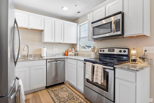 473 S 2400 W Unit 3, Springville, UT 84663 - kitchen featuring light wood-style floors, visible vents, white cabinets, appliances with stainless steel finishes, and a sink