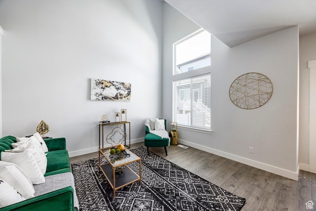 1629 N 3860 W, Lehi, UT 84043 - living area featuring baseboards, a towering ceiling, and wood finished floors