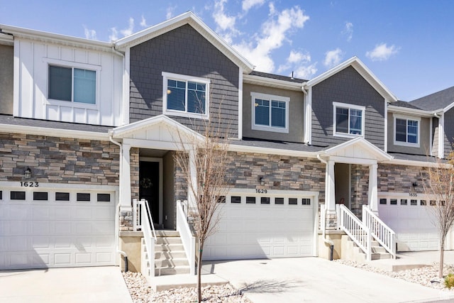 1629 N 3860 W, Lehi, UT 84043 - view of front of property featuring an attached garage, board and batten siding, concrete driveway, and stone siding