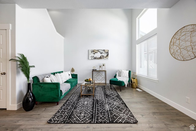 1629 N 3860 W, Lehi, UT 84043 - living area featuring baseboards, a towering ceiling, and wood finished floors