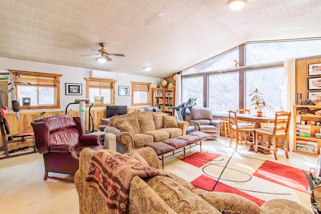 3710 E Provo Canyon Rd S, Provo Canyon, UT 84604 - living area featuring a wall mounted AC, a ceiling fan, vaulted ceiling, and carpet floors