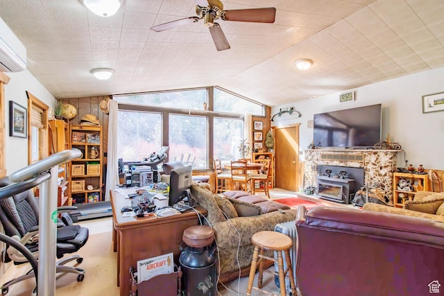 3710 E Provo Canyon Rd S, Provo Canyon, UT 84604 - living area featuring a wall mounted AC, vaulted ceiling, and ceiling fan