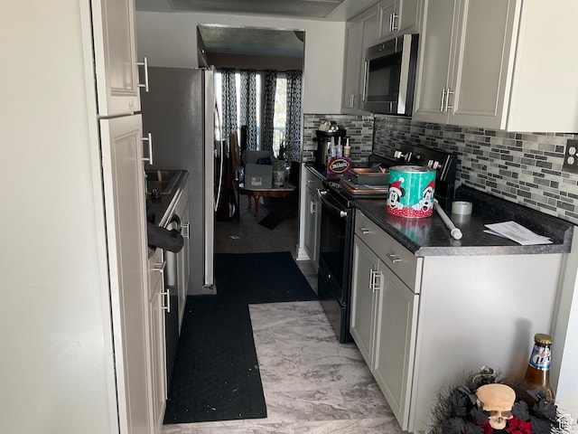 5196 S Gravenstein W, Murray, UT 84123 - kitchen featuring stainless steel microwave, black / electric stove, backsplash, and dark countertops