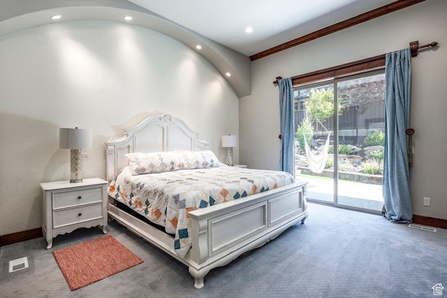 bedroom featuring visible vents, access to exterior, carpet, and baseboards