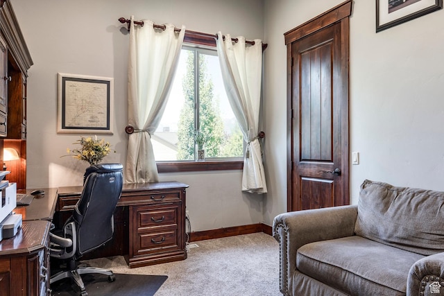 office area with light colored carpet and baseboards