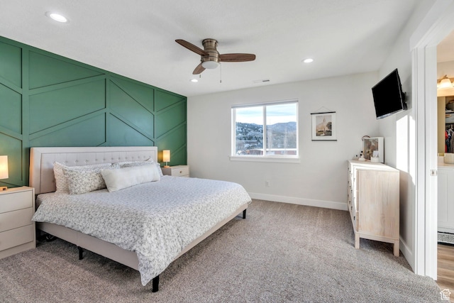 carpeted bedroom with recessed lighting, baseboards, and ceiling fan