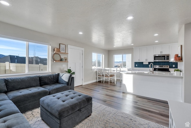 living room featuring recessed lighting, a textured ceiling, baseboards, and wood finished floors