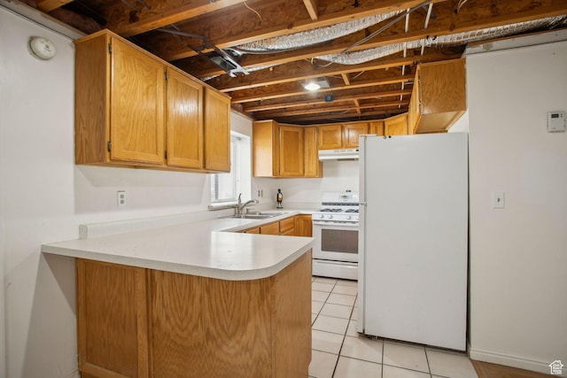 kitchen with white appliances, a peninsula, under cabinet range hood, light countertops, and a sink
