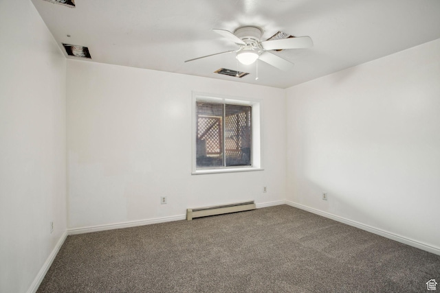 carpeted spare room featuring a baseboard heating unit, baseboards, and a ceiling fan