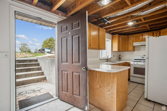 kitchen featuring a sink, light countertops, white appliances, a peninsula, and under cabinet range hood