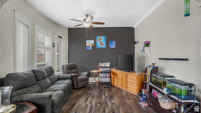 501 E Cross St, Ogden, UT 84404 - living area featuring dark wood-style flooring, ceiling fan, and crown molding