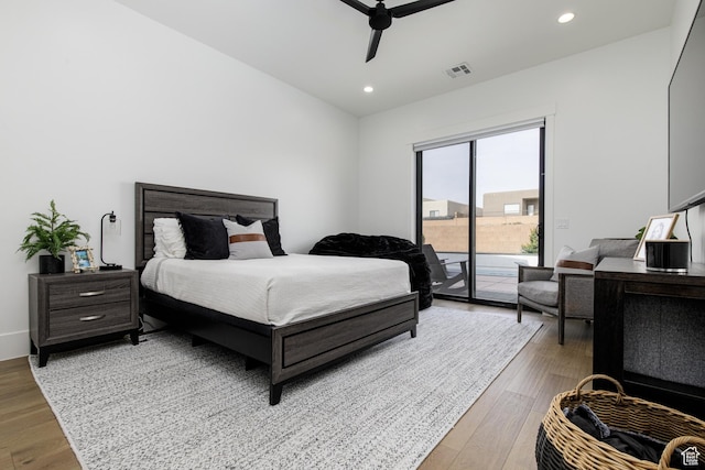 bedroom with access to outside, recessed lighting, visible vents, ceiling fan, and light wood finished floors