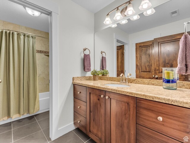 865 W Benjamin Pl, Kamas, UT 84036 - bathroom with tile patterned floors, vanity, shower / bath combo, and baseboards