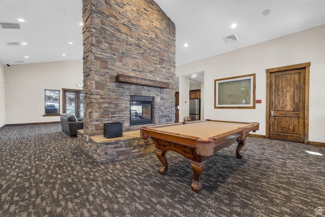 865 W Benjamin Pl, Kamas, UT 84036 - recreation room with carpet floors, baseboards, pool table, a fireplace, and a high ceiling