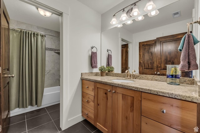 865 W Benjamin Pl, Kamas, UT 84036 - bathroom featuring shower / bath combo, tile patterned floors, vanity, and visible vents
