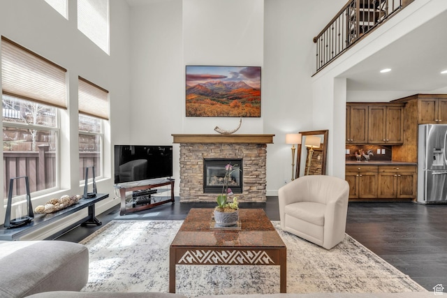 865 W Benjamin Pl, Kamas, UT 84036 - living area featuring a stone fireplace, a high ceiling, and dark wood-style floors
