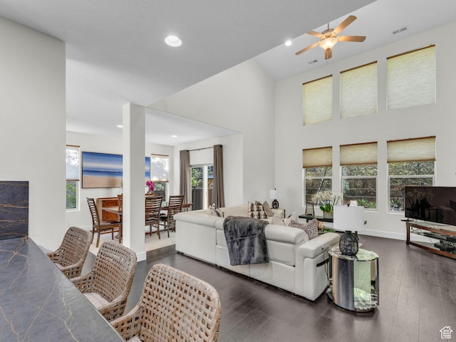 865 W Benjamin Pl, Kamas, UT 84036 - living area featuring dark wood-style floors, a ceiling fan, recessed lighting, baseboards, and a high ceiling