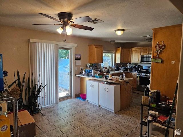 1989 W 1800 N, St George, UT 84770 - kitchen with stainless steel microwave, gas range oven, a peninsula, ceiling fan, and plenty of natural light