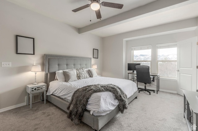 12268 N Ross Creek Dr, Kamas, UT 84036 - bedroom featuring light carpet, baseboards, beam ceiling, and ceiling fan