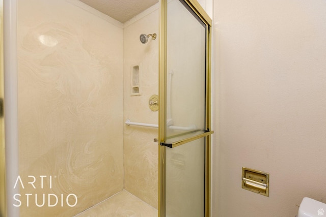 bathroom featuring toilet and a stall shower