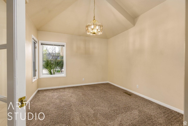spare room featuring carpet flooring, a notable chandelier, baseboards, and lofted ceiling