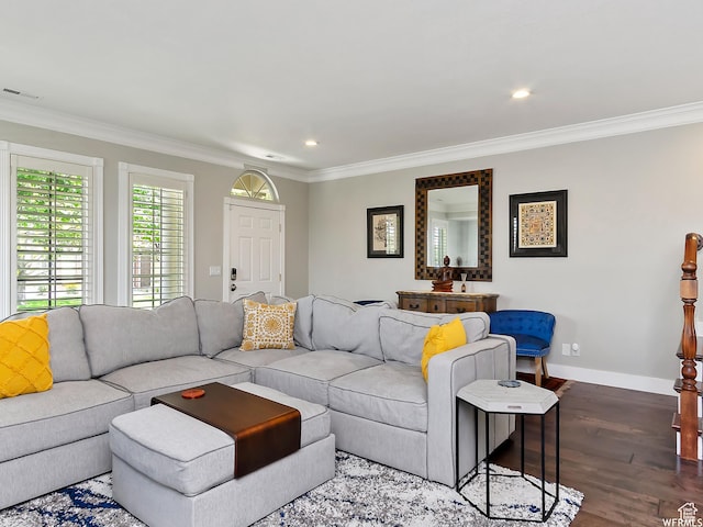 living area with visible vents, baseboards, crown molding, recessed lighting, and wood finished floors