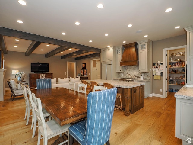 1979 E Olympus Point Dr, Holladay, UT 84117 - dining area with beamed ceiling, light wood-style flooring, recessed lighting, and baseboards