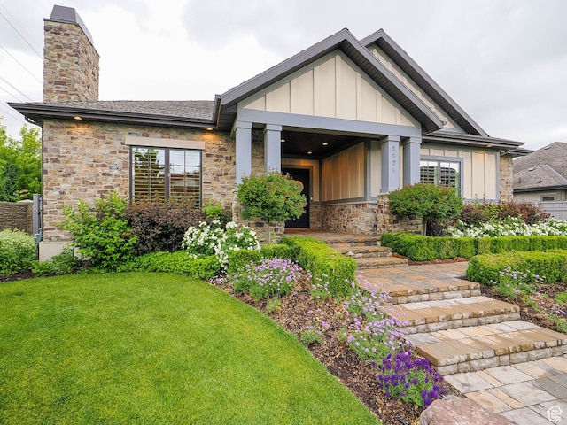 1979 E Olympus Point Dr, Holladay, UT 84117 - craftsman inspired home featuring a front lawn, board and batten siding, stone siding, and a chimney