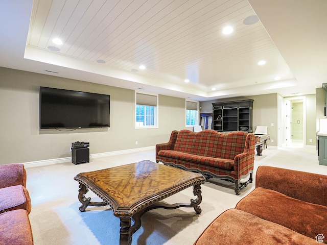 1979 E Olympus Point Dr, Holladay, UT 84117 - living area featuring baseboards, wooden ceiling, a tray ceiling, carpet floors, and recessed lighting