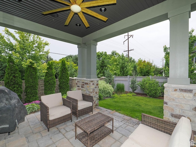 1979 E Olympus Point Dr, Holladay, UT 84117 - view of patio / terrace with fence, an outdoor living space, a ceiling fan, and area for grilling