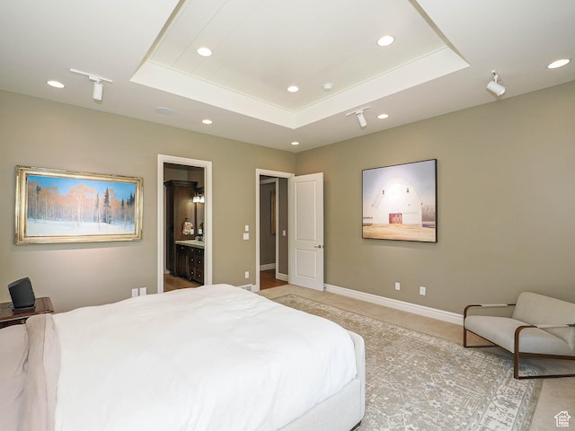 1979 E Olympus Point Dr, Holladay, UT 84117 - bedroom with a tray ceiling, baseboards, recessed lighting, and ensuite bath