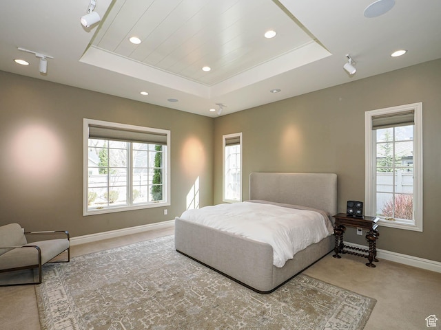 1979 E Olympus Point Dr, Holladay, UT 84117 - bedroom featuring recessed lighting, a tray ceiling, light colored carpet, and baseboards