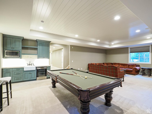 1979 E Olympus Point Dr, Holladay, UT 84117 - game room with light carpet, a raised ceiling, a sink, and wine cooler