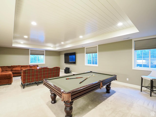 1979 E Olympus Point Dr, Holladay, UT 84117 - game room with baseboards, carpet, a tray ceiling, recessed lighting, and pool table