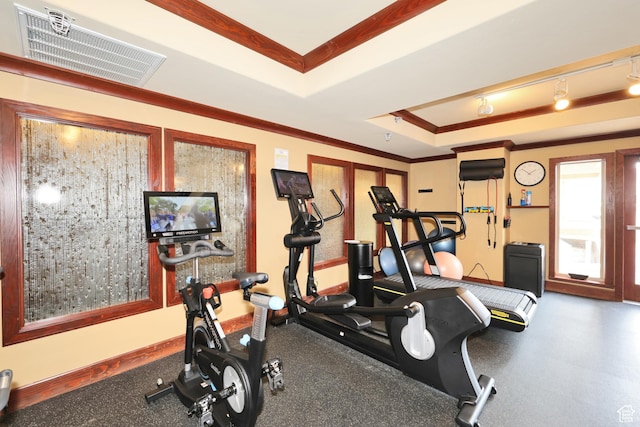 exercise area featuring visible vents, baseboards, ornamental molding, and a raised ceiling