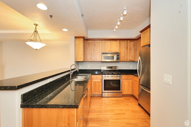 kitchen with a sink, a peninsula, light wood-style floors, recessed lighting, and stainless steel appliances