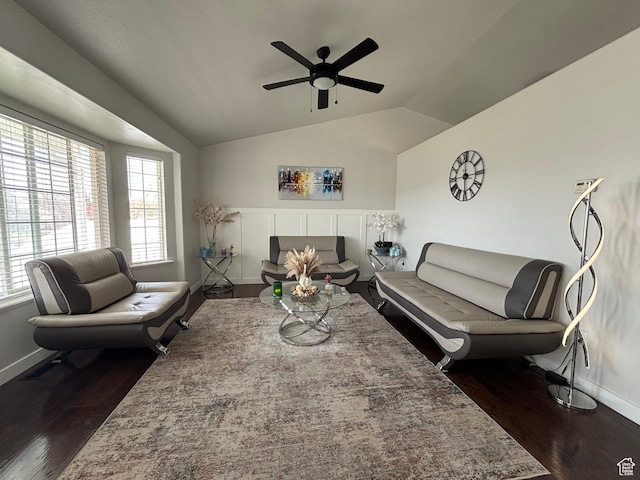 1081 S 900 W, Tooele, UT 84074 - living room with baseboards, dark wood-style flooring, vaulted ceiling, and a ceiling fan