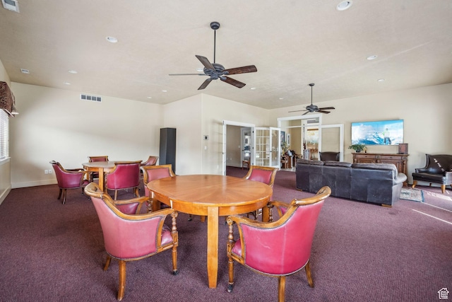 carpeted dining area featuring ceiling fan, visible vents, recessed lighting, french doors, and baseboards