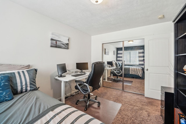 carpeted office with a textured ceiling