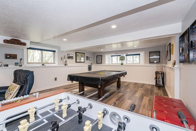 2406 Woodland Dr, Ogden, UT 84403 - recreation room featuring a textured ceiling, recessed lighting, wainscoting, wood finished floors, and pool table